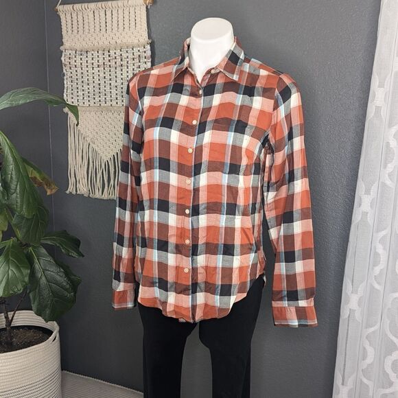 LOFT Women SZ XS Orange/Brown Checked Button Up Shirt Blouse -Lightweight-Casual - Picture 3 of 7